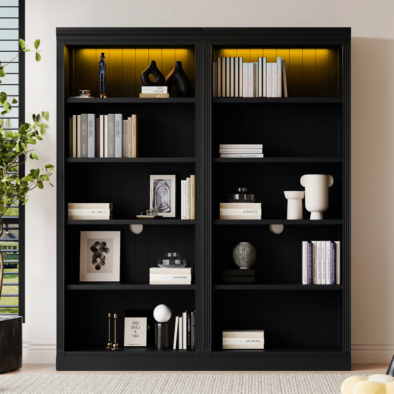 Modern 5 Bookcase With Led , Solid Wood, , Adjustable Shelves, Black For Eraser Storage Home Office Suite, Wood Frame, Board, Pen