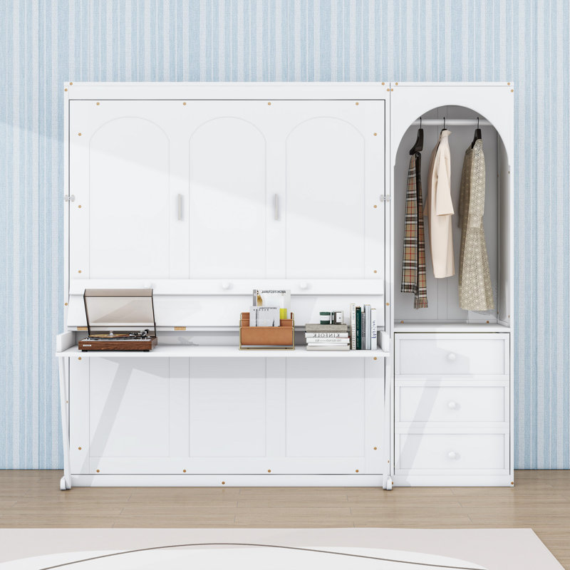 Grand lit escamotable en bois avec placard intégré, 3 tiroirs et éclairage DEL, White