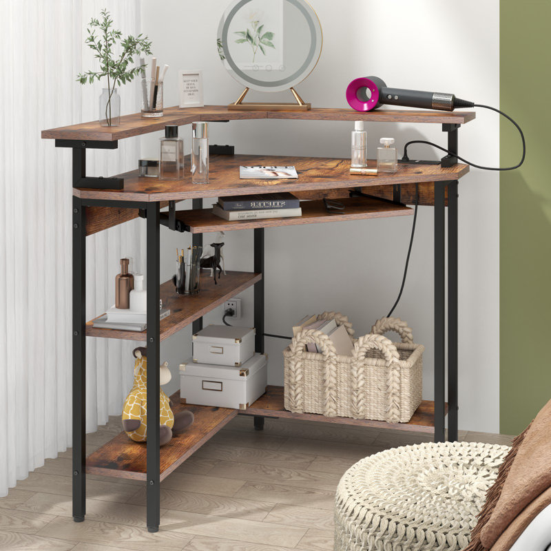 Fitnat Corner Desk with Power Outlet, LED Triangle Corner Desk with Storage for Small Space, Brown/Black