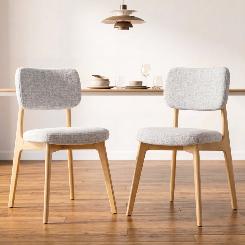 Upholstered Solid Wood Dining Chair Side Chair, Natural Wood, Beige