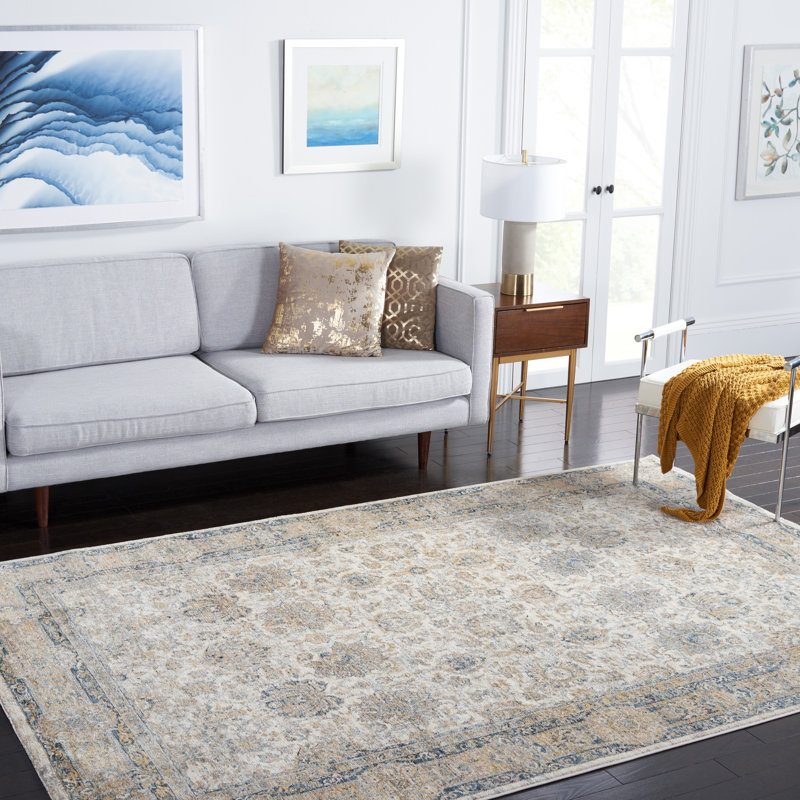 Ivory and Blue Hand-knotted Synthetic Area Rug, 4' x 6'2"