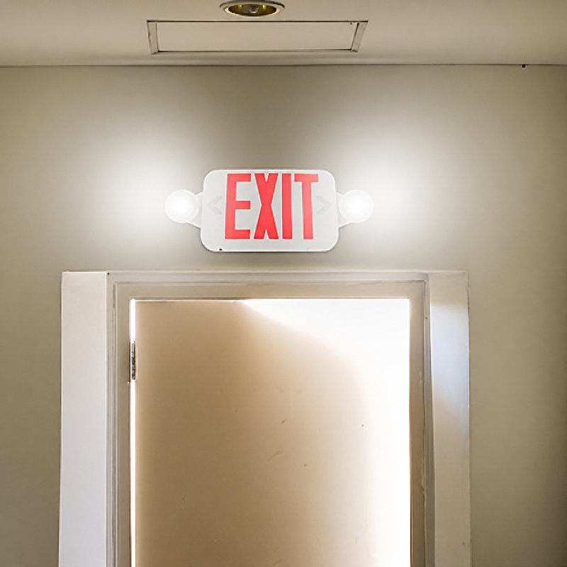  Enseigne de sortie à DEL sélectionnable rouge / verte avec 2 lampes à DEL réglables, 120 / 277VAC, pile de secours de 90 minutes, panneau de sortie de sortie humide - Blanc
