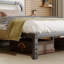 Grand lit plateforme en métal noir avec tête de lit en bois massif foncé de 40 po, rangement sous le lit, support silencieux, aucun sommier requis-1034755524-1026695247