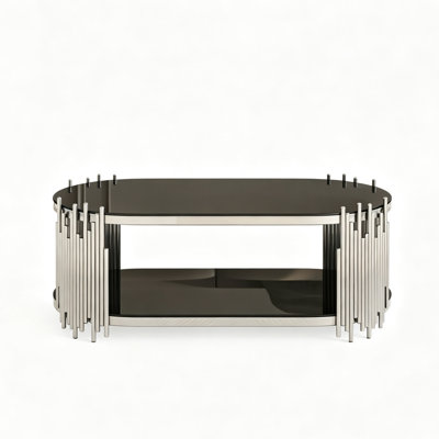 47" Modern Oval Glass Coffee Table, 2-Tier Tempered Glass Top with Stainless Steel Frame, Cocktail Table for Living Room