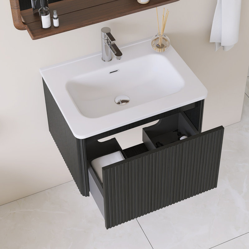 Meuble-lavabo simple mural 24 po avec comptoir intégré en céramique blanche, Noir, 24"