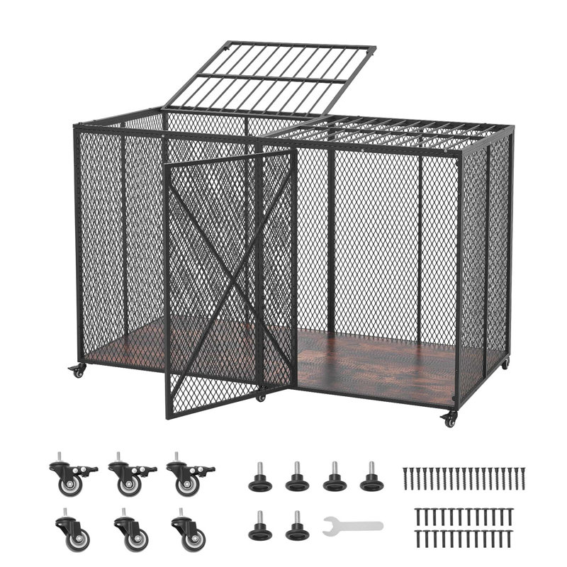 Cage pour chien robuste de 64 pouces, capacité de charge maximale de 300 lb, chenil indestructible à l'épreuve des fuites à l'intérieur pour les grandes races anxieuses, cage en métal pour animaux en acier avec portes doubles et roues verrouillables