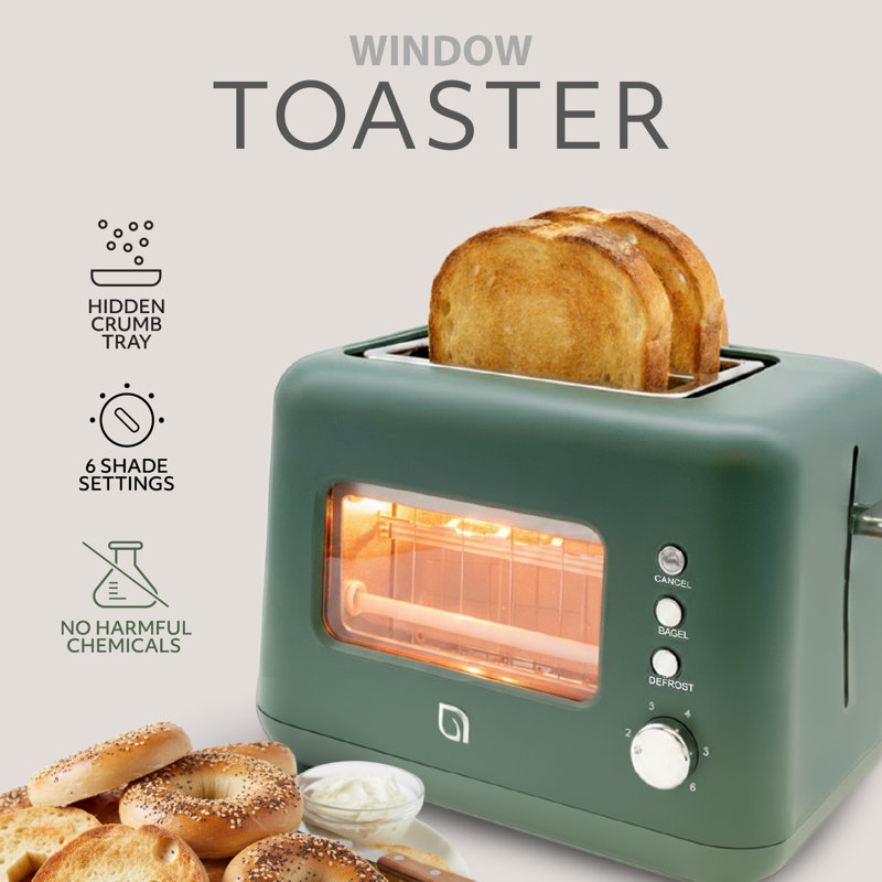 WILLOW Kitchen 2-Slice Toaster with Window - Perfect for Toasted Bagels, Compact Design, Crumb Tray - BURGUNDY, Green