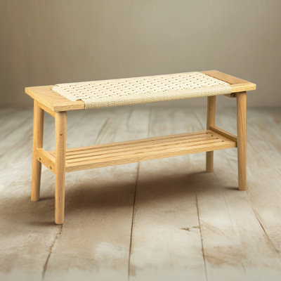 Solid Wood Storage Bench With Woven Rattan Top, Narrow Entryway Bench For Hallway, End Of Bed, And Small Spaces, Boho Farmhouse Accent Bench With Two-Tier Shelf