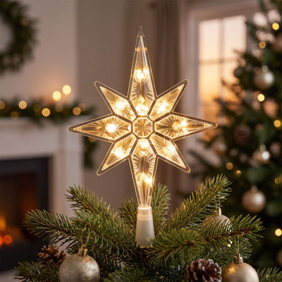 Christmas Decorations Lighted Christmas Tree Topper Star Warm White Flashing LED Star Tree Top Ornament Glitter Hollow Star Christmas Tree Decoration