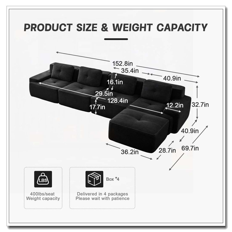 Canapé modulaire en tissu Corduroy, Noir
