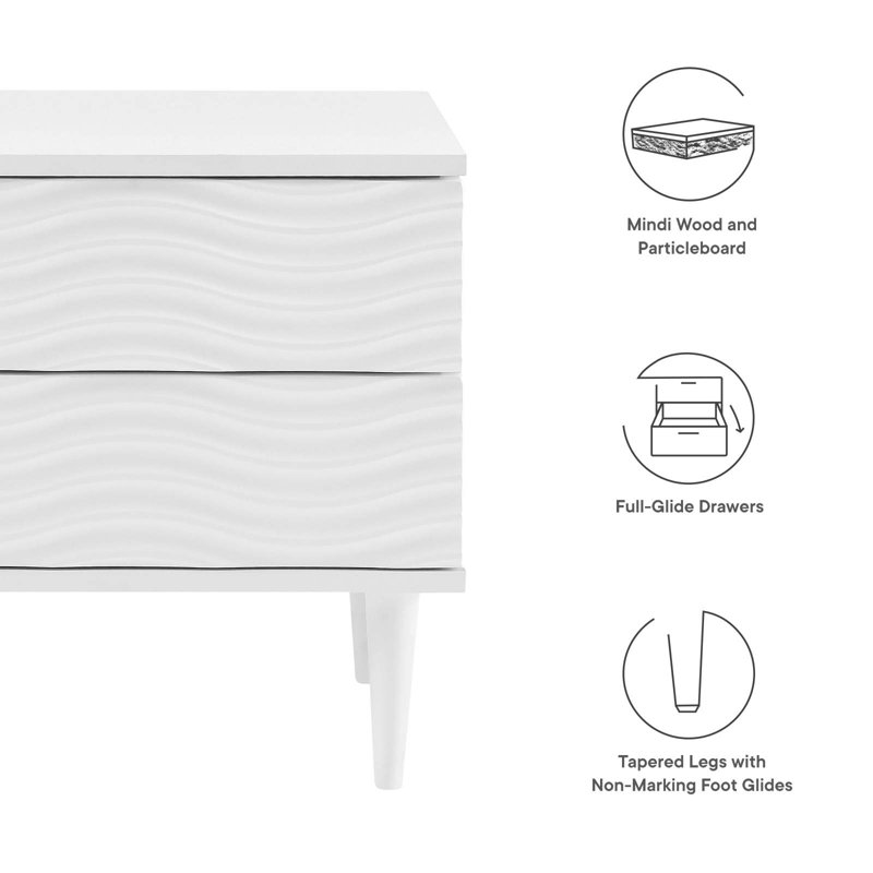 White Wave Design 2-Drawer Nightstand with Tapered Legs