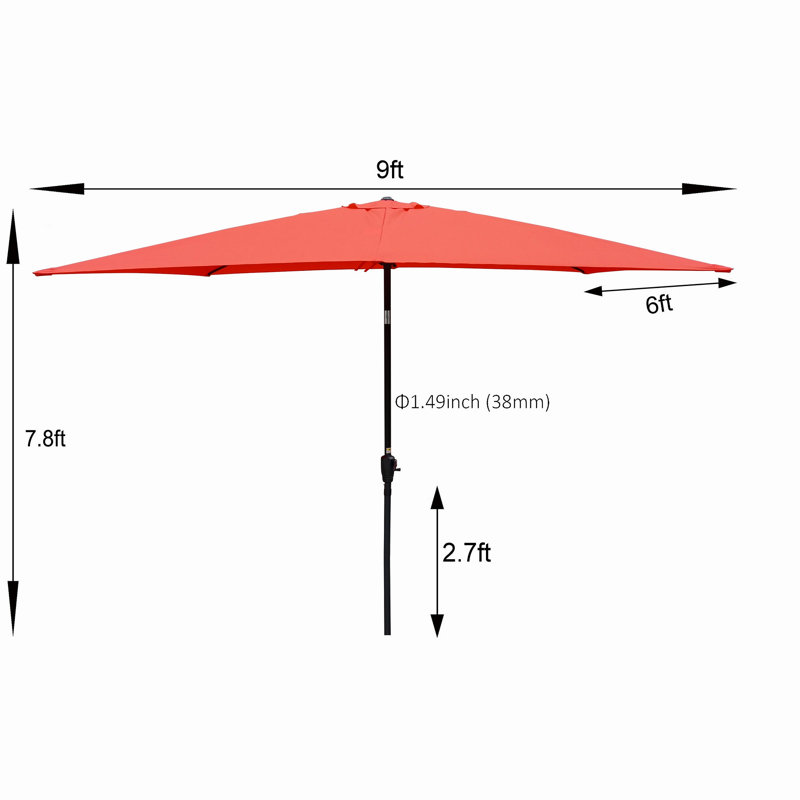 Parasol extérieur imperméable 6 x 9 pi avec manivelle et bouton poussoir inclinable sans rabat pour jardin, Rouge brique