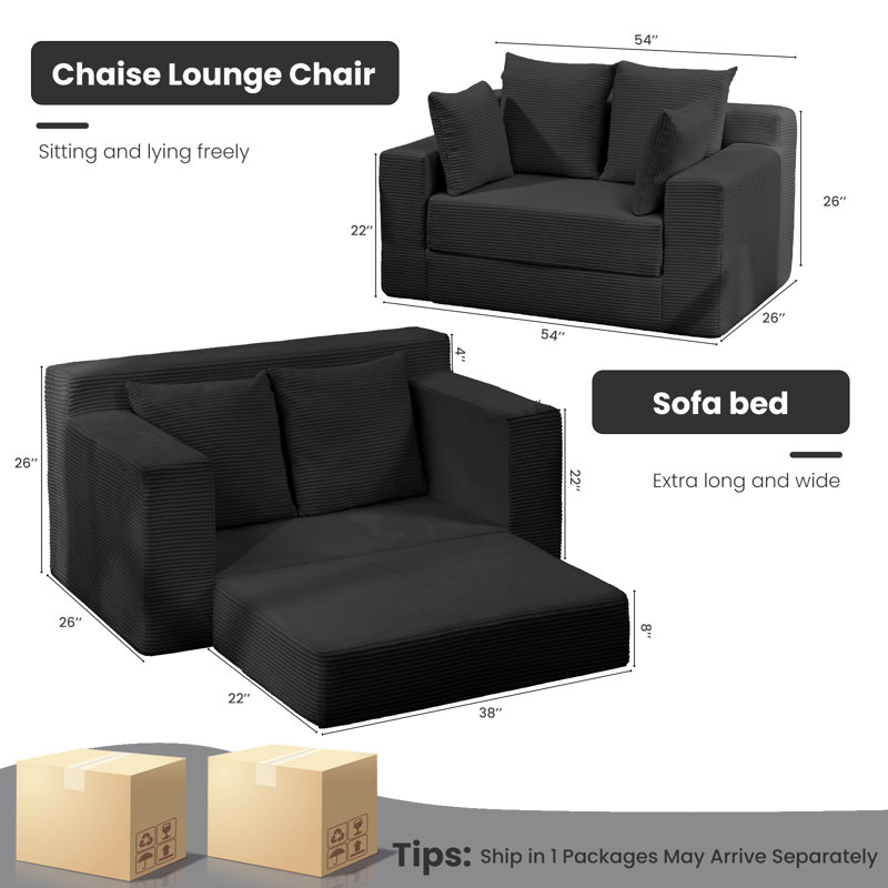 Corduroy Sofa Bed, 3 In 1 Loveseat Folding Child Couch Bed Foldable - Chaise Lounge Chair & Floor Futon Sleeper, Pull Out Sofa Bed With 4 Pillows For Living Room, Black