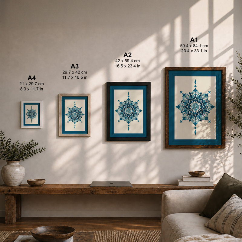 Teal Mandala Pattern Geometric - Framed Print, A2 - 59.4 x 42.0 cm, White