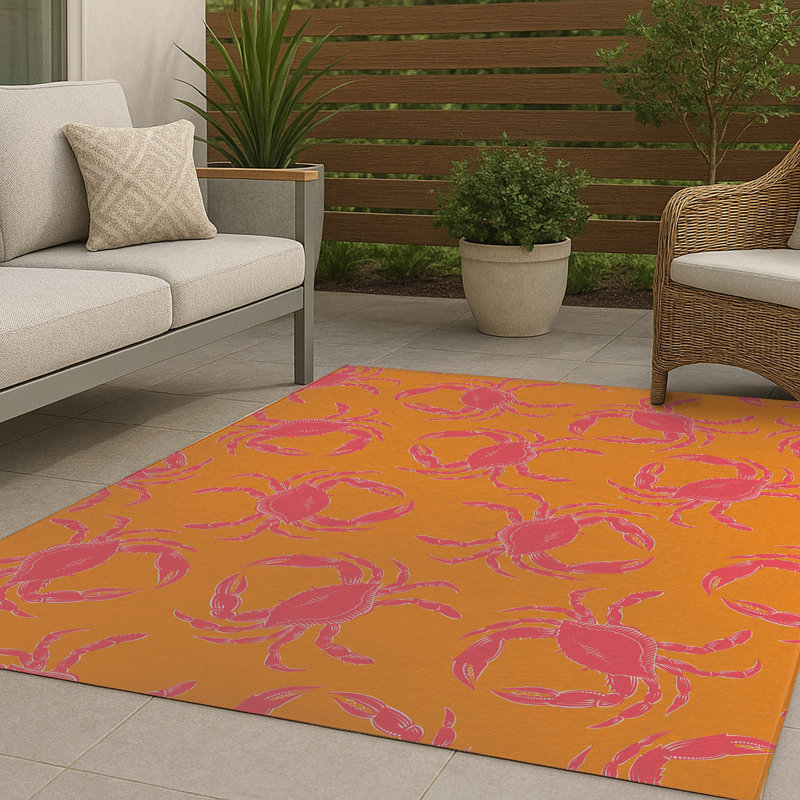 Tapis d'extérieur décoratif Crabby, Orange, Rectangulaire 8 pi x 10 pi