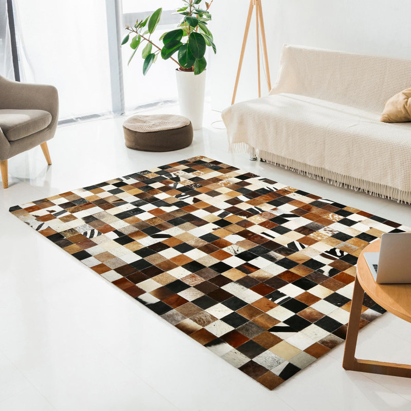 Tapis multicolore en cuir de vache texturé, tapis fait à la main en cuir véritable, Rectangle 6 pi x 9 pi