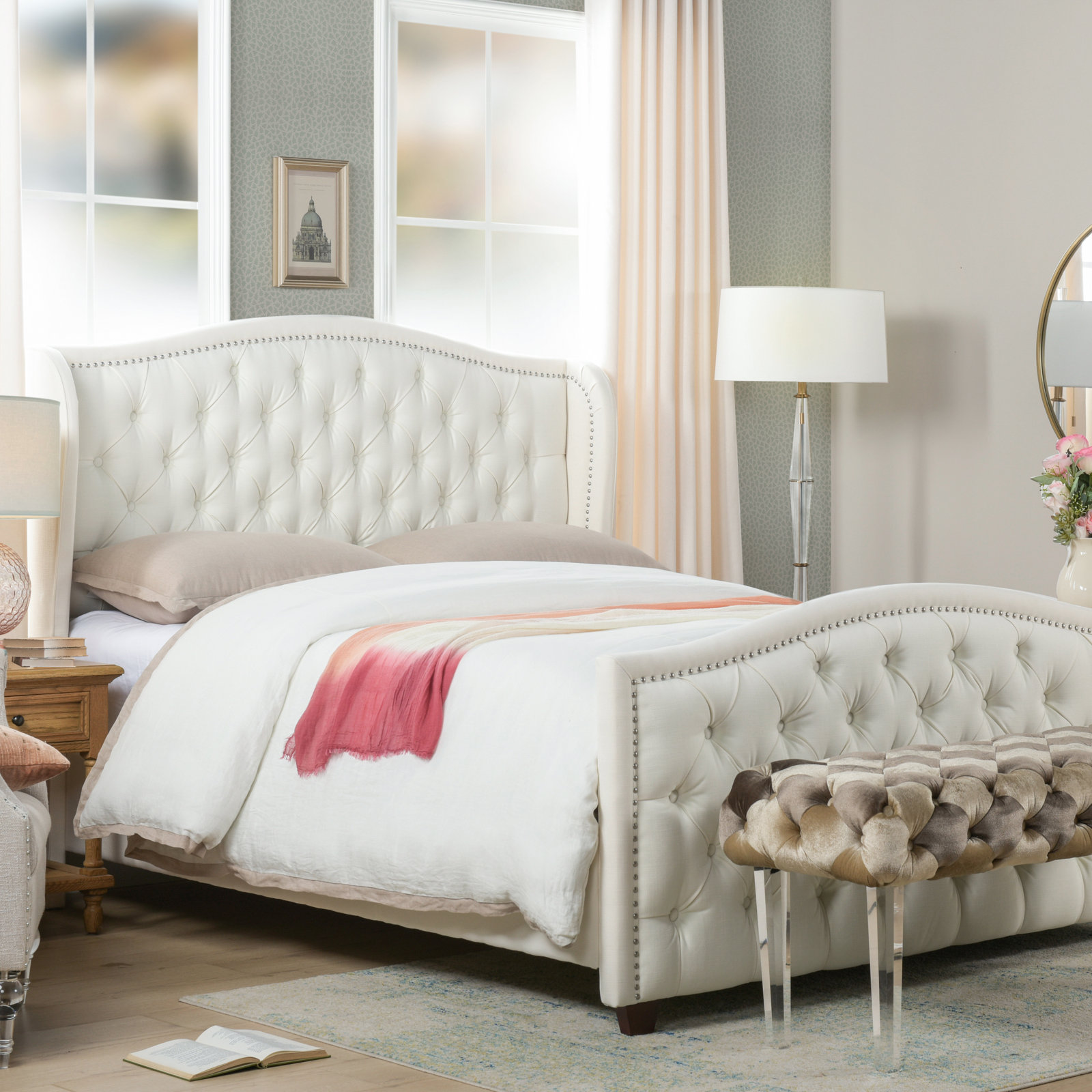 Coleman Velvet Upholstered Wingback Bed, Antique White Velvet, King
