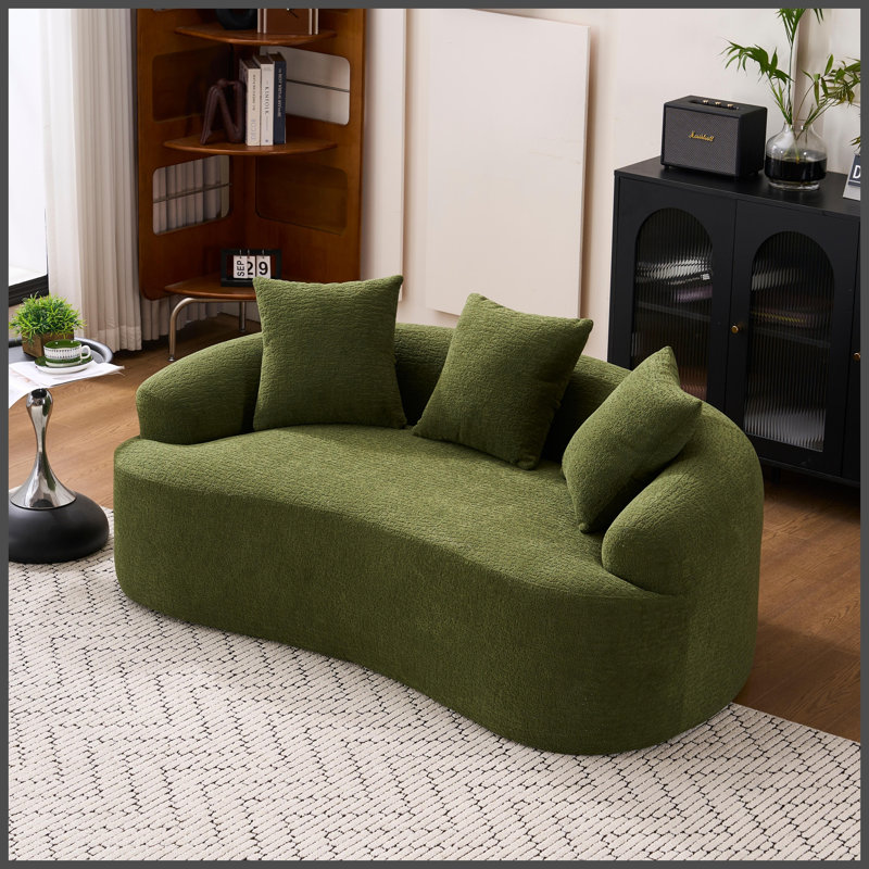 (Old Sku: W2231P292604) Canapé à compression, canapé courbé de style moderne pour petits espaces et appartements, chenille 30D sans assemblage, 3 coussins décoratifs. Vert.