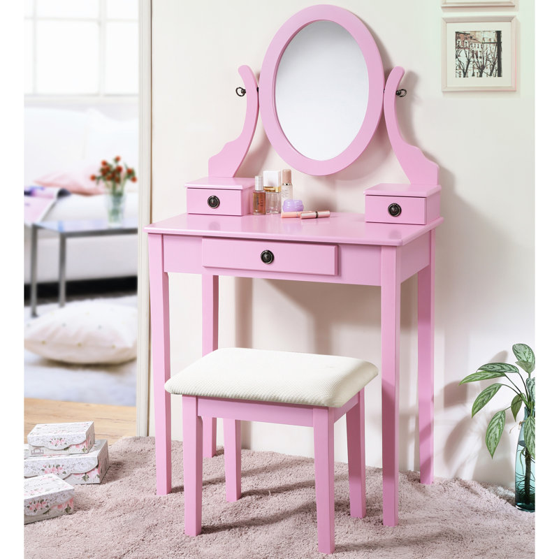 Coiffeuse rose avec 3 tiroirs - Miroir ovale réglable, tabouret en bois inclus, rangement de bureau contemporain, tiroir, bois