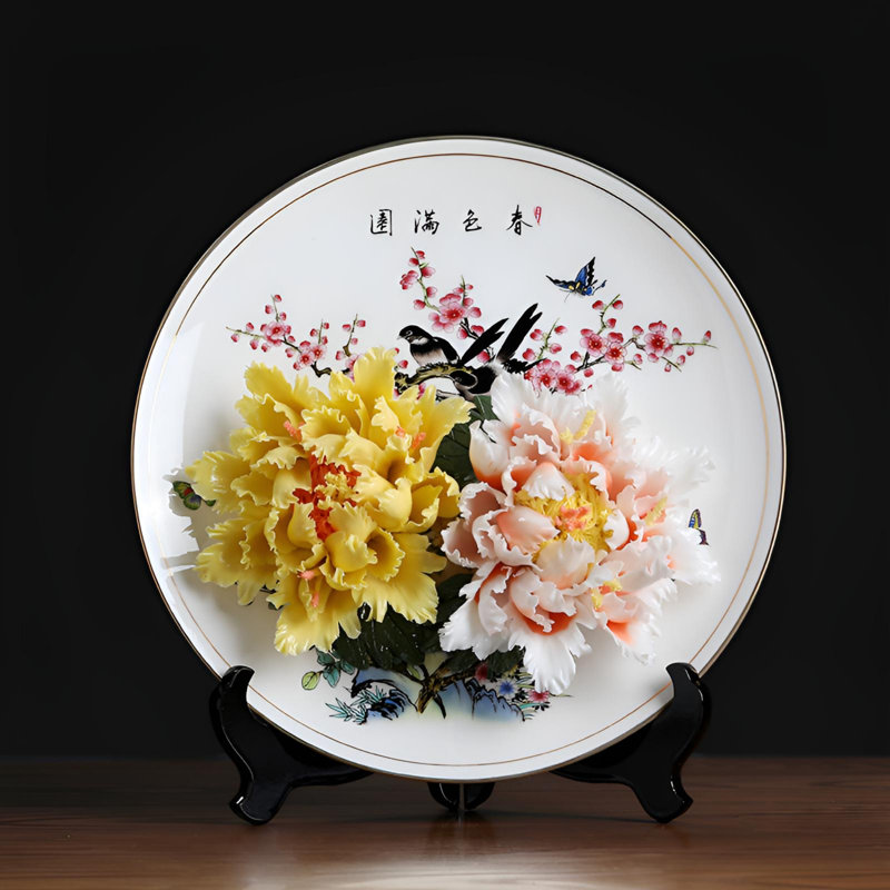 Plaque murale en céramique florale fabriquée à la main - Élégante décoration intérieure de style chinois