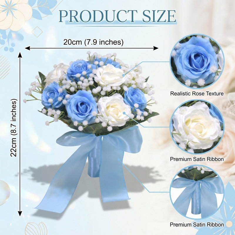 Bouquet de mariée artificiel Rose & Baby's Breath - Fleurs en soie réalistes avec ruban de satin, options multicolores pour les mariages et la décoration intérieure