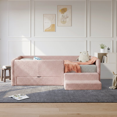Boucle Upholstered Semi-Enclosed Daybed With Storage Drawer And Two-Step Foam Step Stool