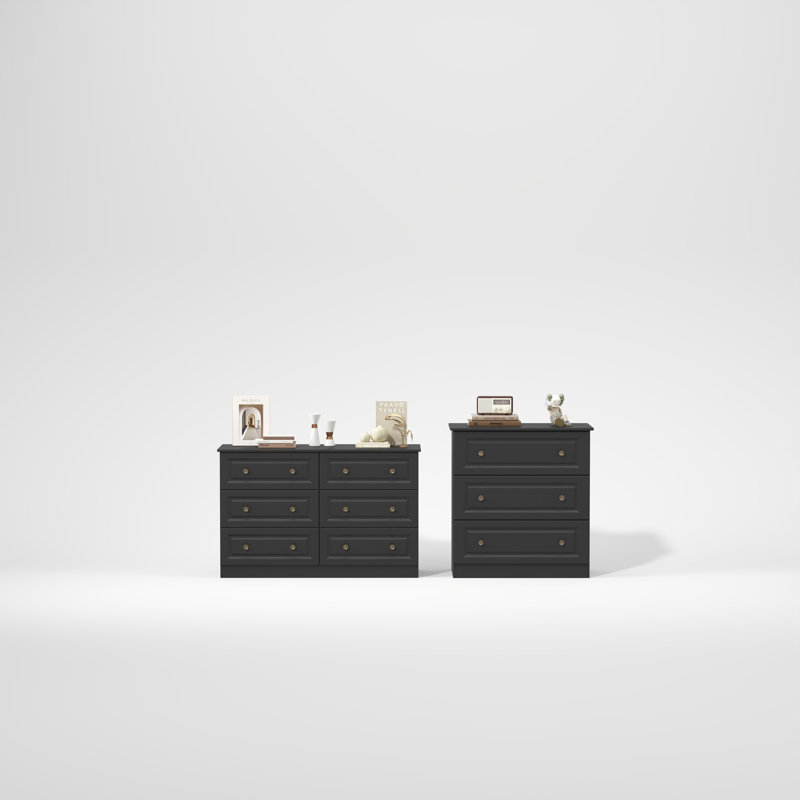 Ensemble de chambre à coucher 2 pièces: commode à 6 tiroirs et commode à 3 tiroirs (ensemble de 2), Black