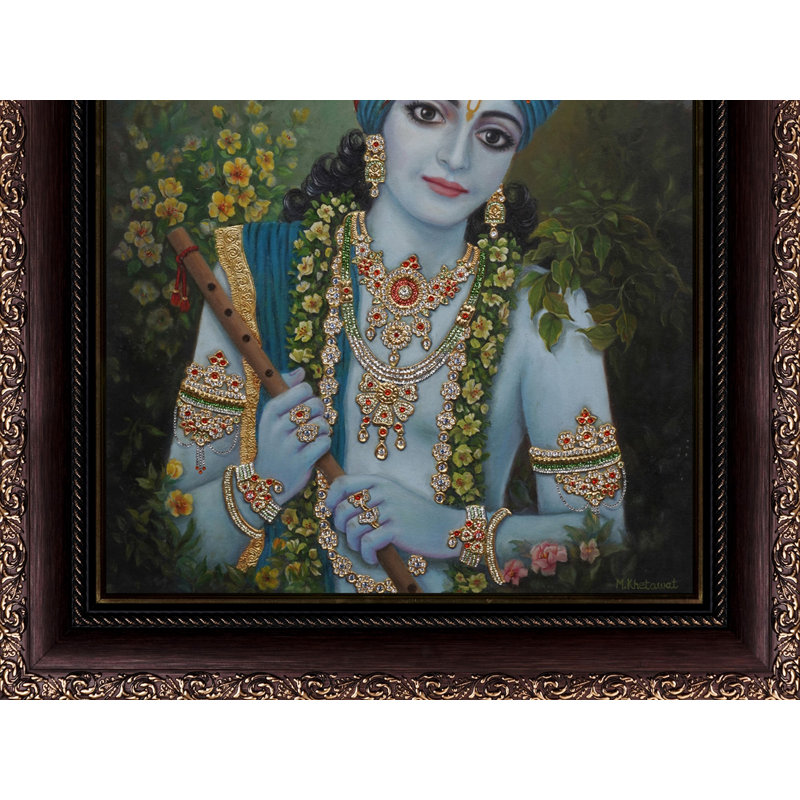 «Mana Mohana», le dieu Krishna en tant qu'enchanteur du cœur | Or et bois | Fait à la main