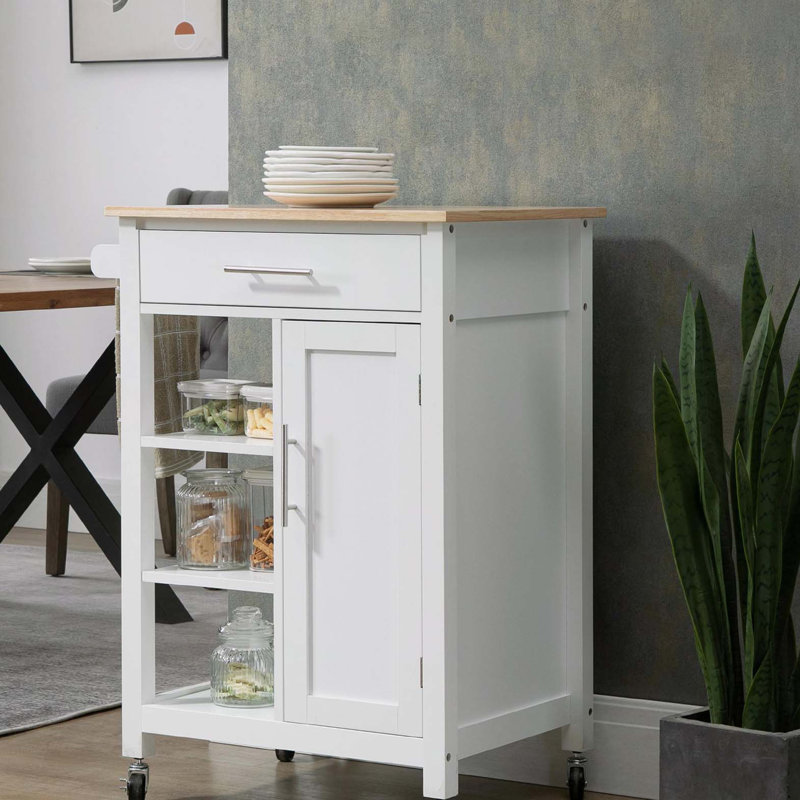 Chariot pour îlot de cuisine, îlot de cuisine avec tablette de rangement, plateau en bois massif, tiroir, pour la salle à manger, blanc