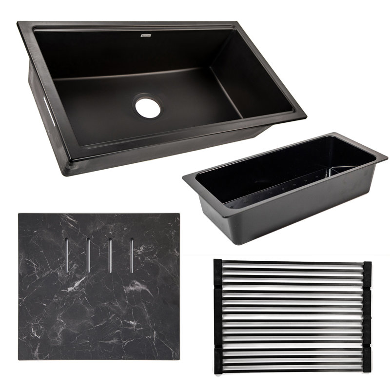 Plymouth 33.75'' L Undermount Single Bowl Kitchen Sink, Matte Black