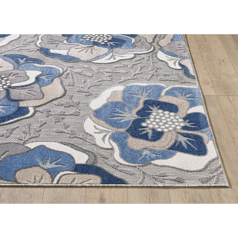 Tapis intérieur / extérieur gris / bleu tissé à la machine Floral, Rectangle 2 pi 2 po x 4 pi, Gris