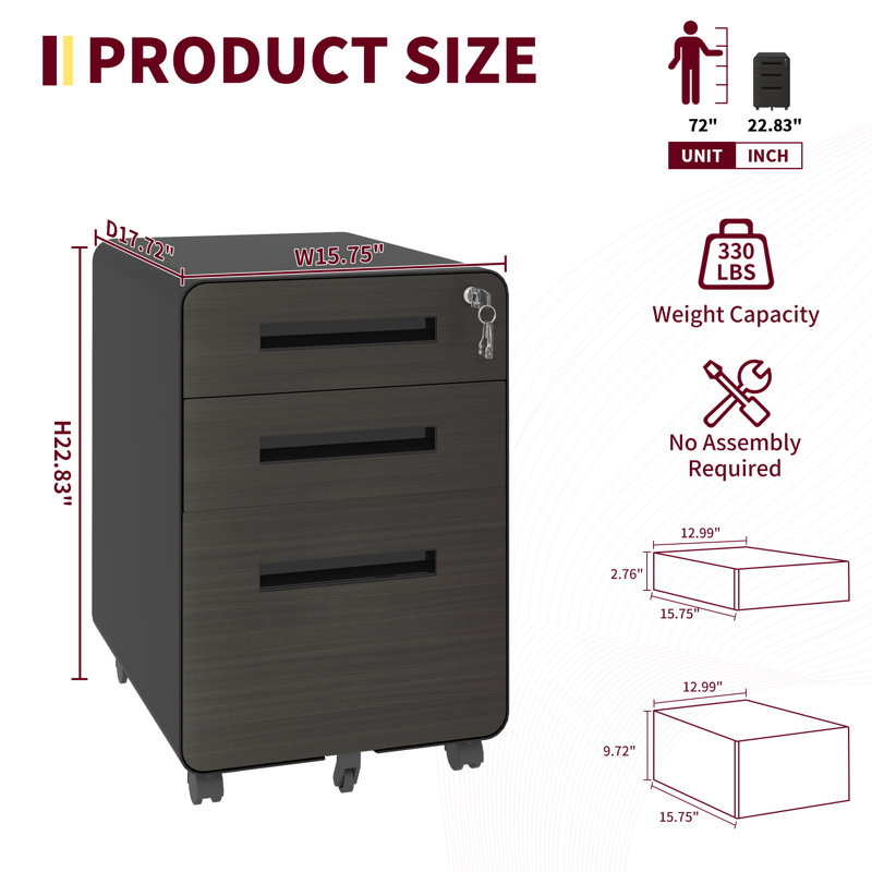 Makeace Fully Assembled 3-Drawer Mobile Metal File Cabinets with Lock,Rolling Metal Filing Cabinet for Home Office, Letter/Legal Size, Black