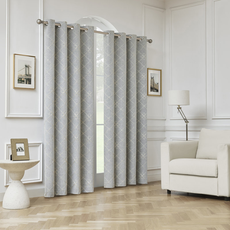 Adria Trellis Embroidered 100% Blackout Grommet Curtain Panel, Gray, 50" W x 84" L