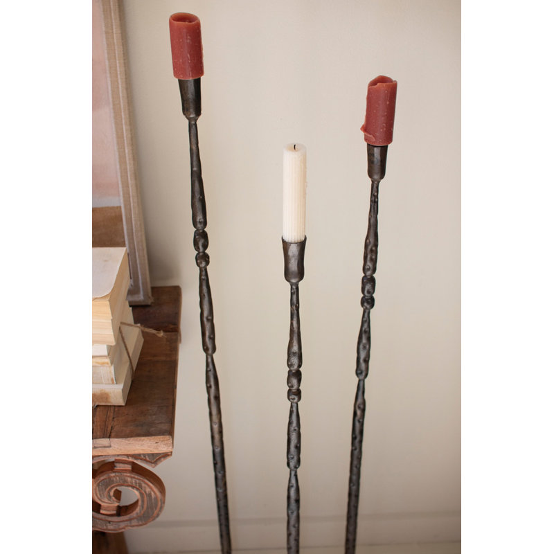  Set of Three Metal Taper Candle Holders Tall Forged Iron Antique Brass Finish Decorative Floor Decor Accent