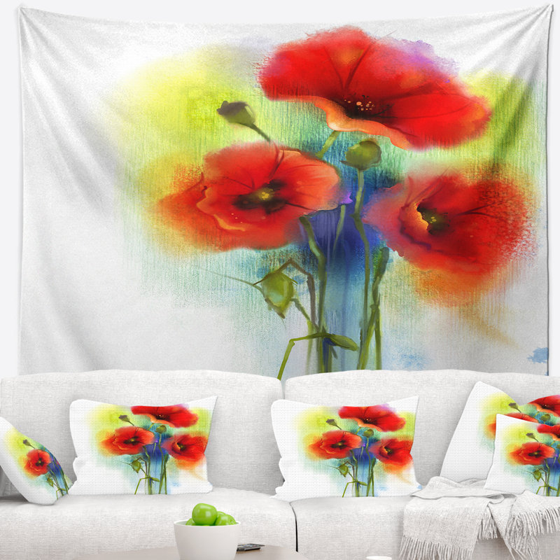 Tapisserie de fleurs de pavot rouge vif, H 78 po x l 92 po