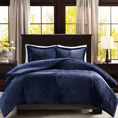 Navy Blue Comforter For Full/queen Bed - , Ribbed Top, Solid Bottom, Machine Washable, With 1 And 2 Shams Navy, Content, Exterior, Reverse, Includes