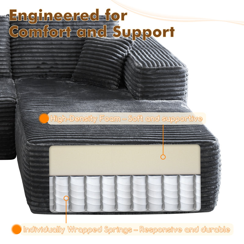 Canapé modulaire rembourré 2 pièces Boneless, Orienté à droite, Velours côtelé gris