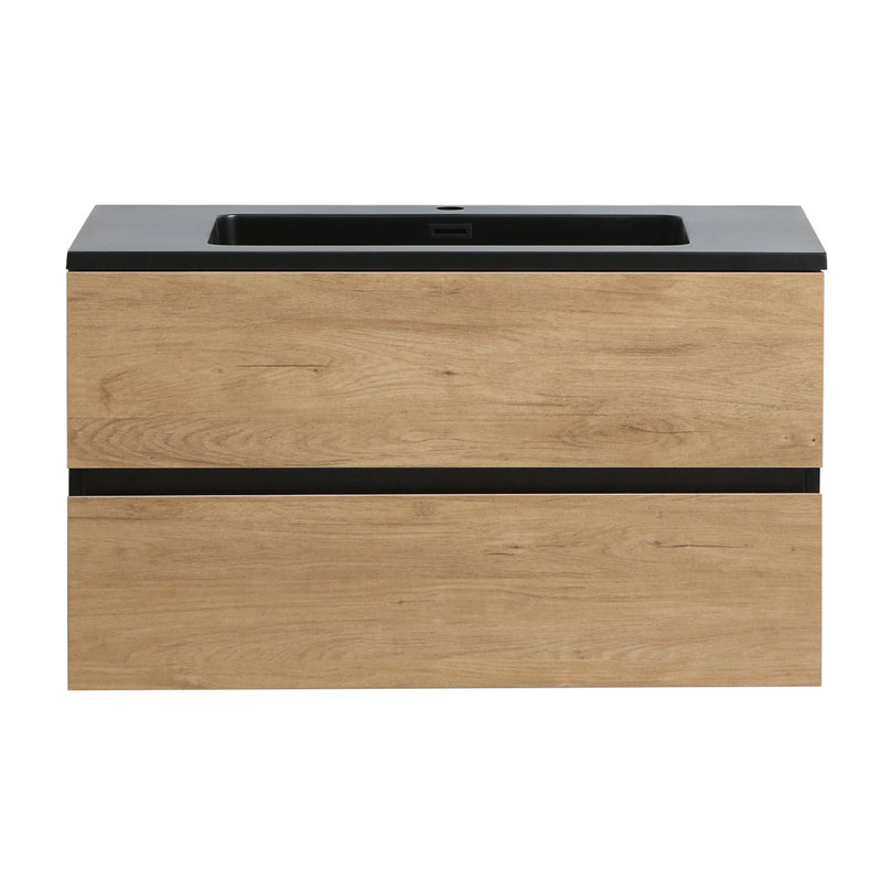 Ensemble de meuble-lavabo simple 35 po mural, Noir / chêne rustique, Noir mat