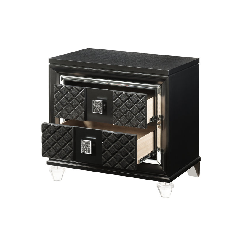 Table de chevet glamour grise, 2 tiroirs spacieux, garniture étincelante, glissières lisses, compartiment supérieur doublé de feutre, table de chevet décorative à poignée chic pour une utilisation sans effort et élégante
