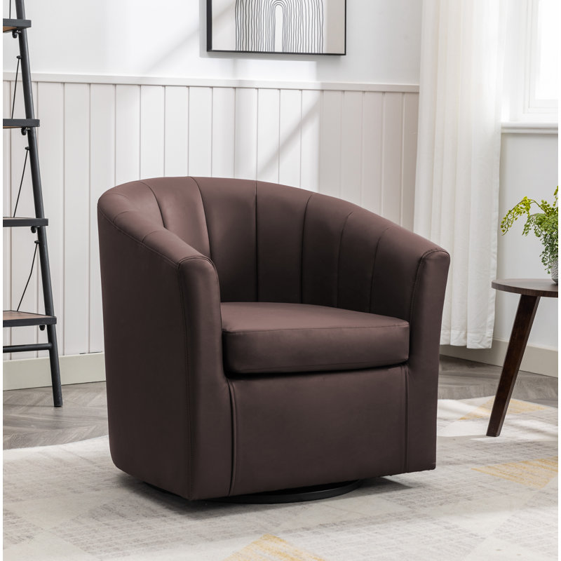 Minnetrista Faux Leather Swivel Barrel Accent Chair, Brown Faux Leather