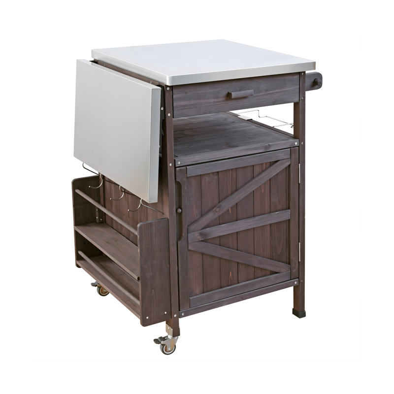 41" Outdoor Grill Cart with Stainless Steel Top, Drop Leaf, Solid Fir Wood Storage Cabinet & Lockable Wheels, Kitchen Cart, Walnut