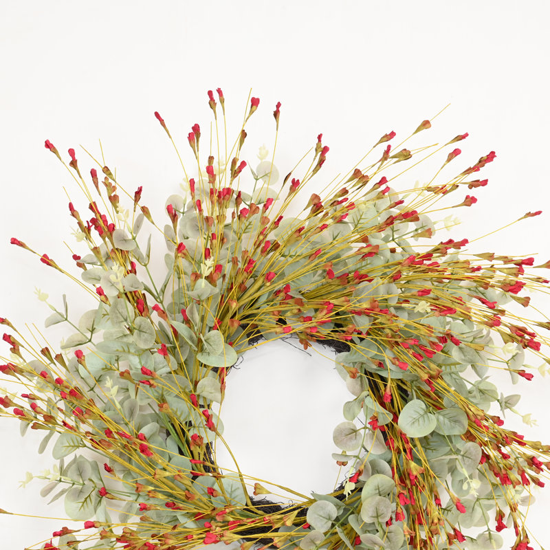 Couronne de porte artificielle florale 24 po Eucalyptus Spring Summer, Vert/rouge