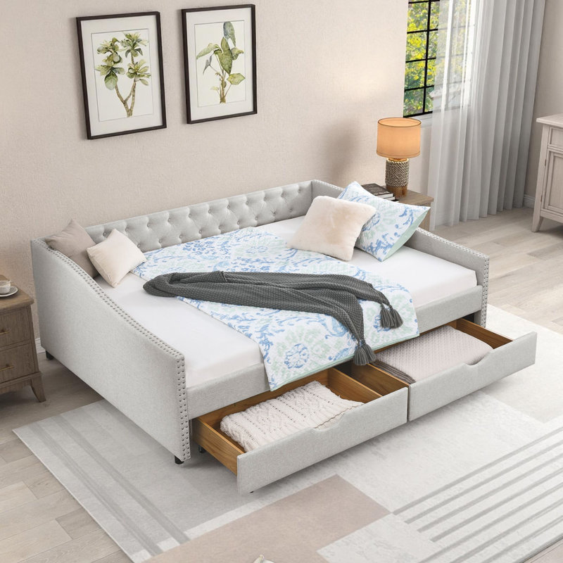 Alphonse Burwell Queen Upholstered Daybed with Storage Drawers, Beige, Beige, Queen