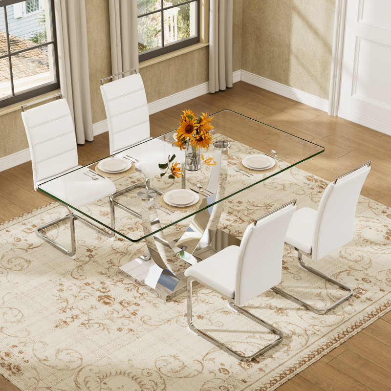 63in Rectangular Glass Dining Table Set with 4/6 PU Chairs, Metal Legs for Dining, Kitchen, Une table et quatre chaises