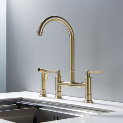 14.96" Stainless Steel Bridge Kitchen Sink Faucet in Brushed Gold with Side Sprayer