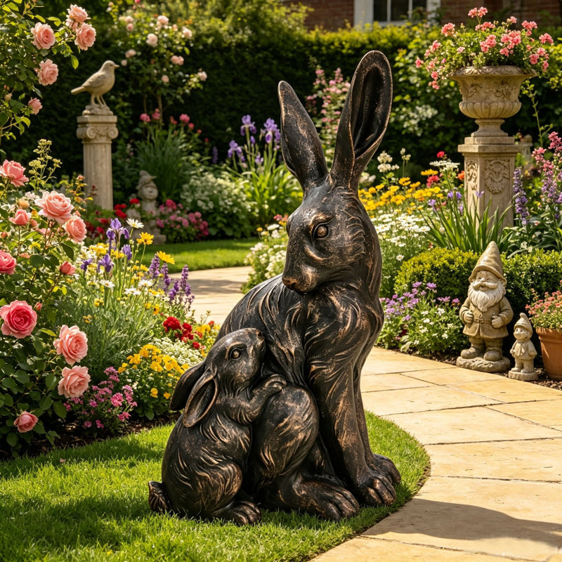 Grande statue de jardin représentant une mère lièvre et son petit enlacés