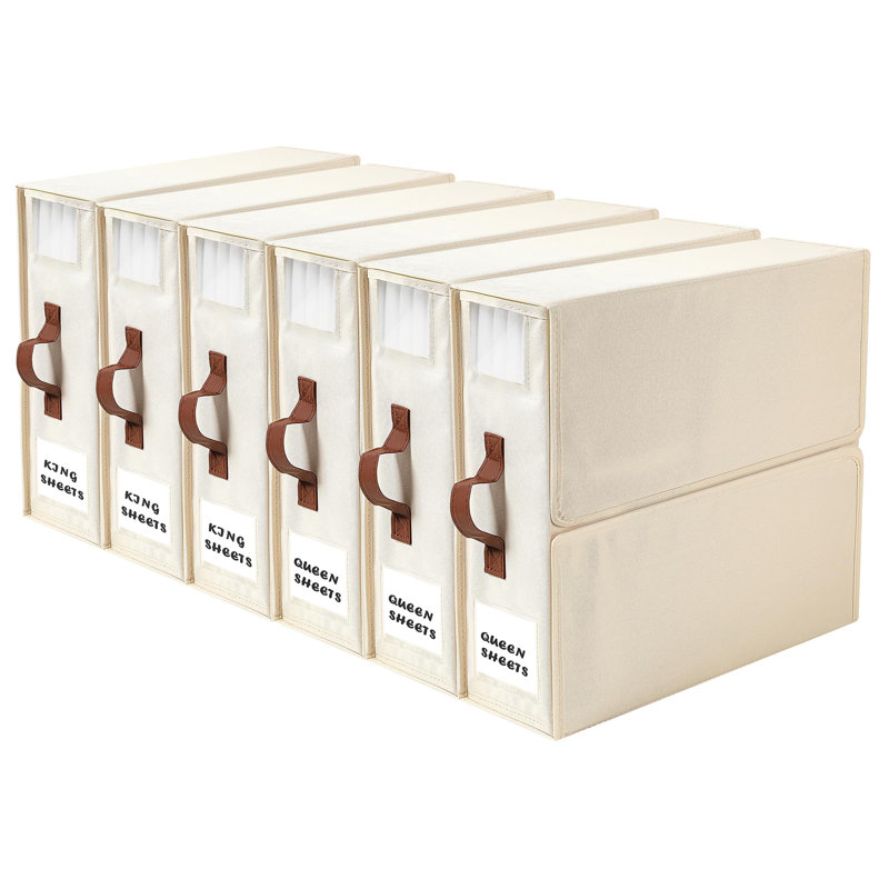 6 Pack Bed Sheet Organizers And Storage (Queen & King Size) Sheet Organizers For Linen Closet Under Bed Storage Sheets Set Organizers With Handle Window Foldable Bedding Storage Box Beige