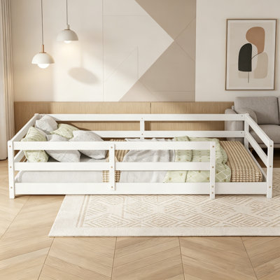 Floor Bed, Pine Wood Bed Frame With Safety Guardrails, Floor Bed, Low Profile Floor Bed , Natural Wood Floor Bed Frame For Toddlers Kids Bedroom, Twin And Full