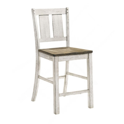 Ensemble de 2 pièces de chaises de salle à manger à hauteur de comptoir à lattes antiques en bois massif au fini blanc antique