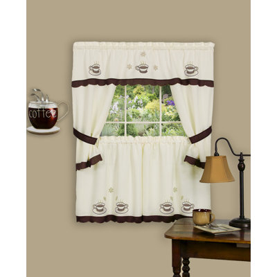 Cuppa Joe Embellished 58" Cafe Curtain Cottage Set in Brown/White